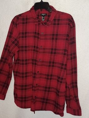 Forever 21 Men's L Red & Black Plaid Long Sleeves Fleece Shirt 100% Cotton (4H)